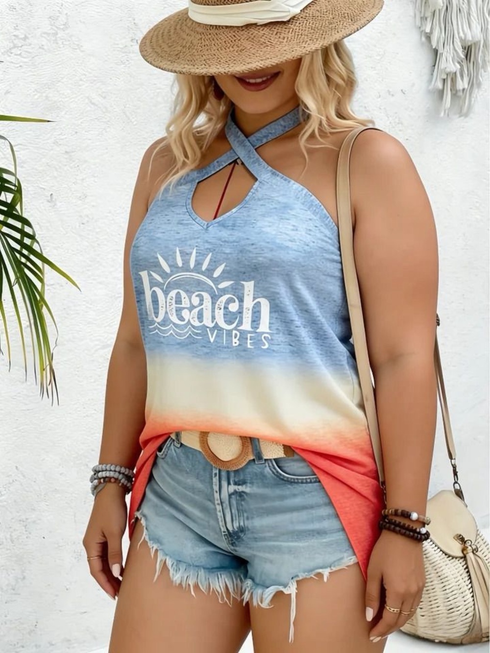 Beach Vibes Ombre Crisscross Halter Tank Top - Blue/Coral NWT SIZE 0XL